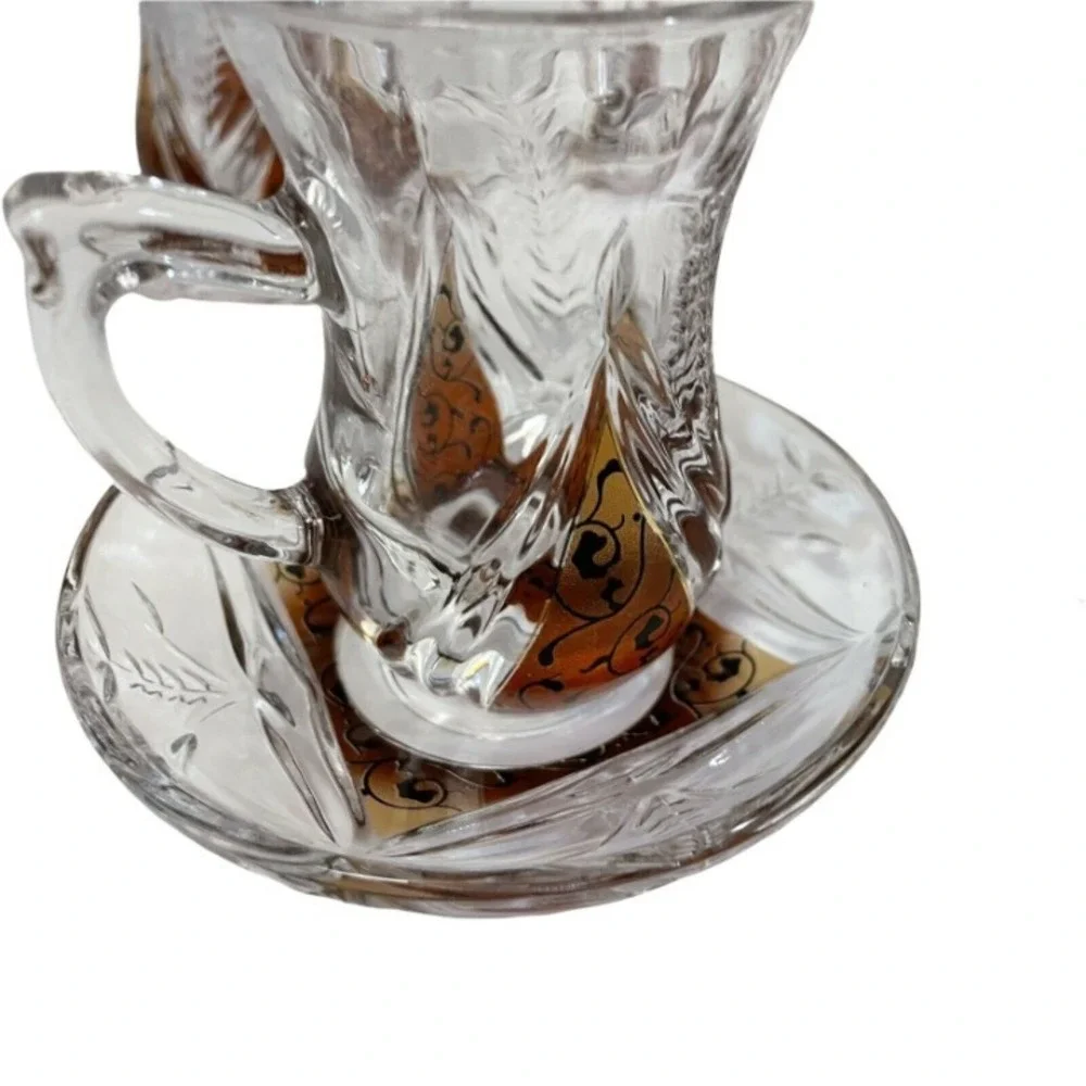 Turkish  Tea Set  Clear Amber Etched Glass 12pc Set